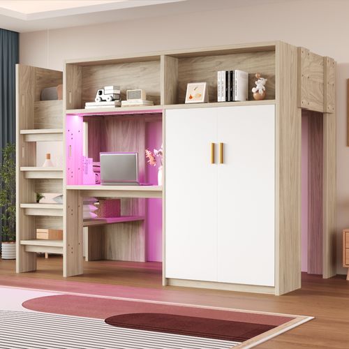 Lit Mezzanine 90 X 200 Cm Avec Bureaux, Étagères Et Armoires Imitation Chêne + Blanc