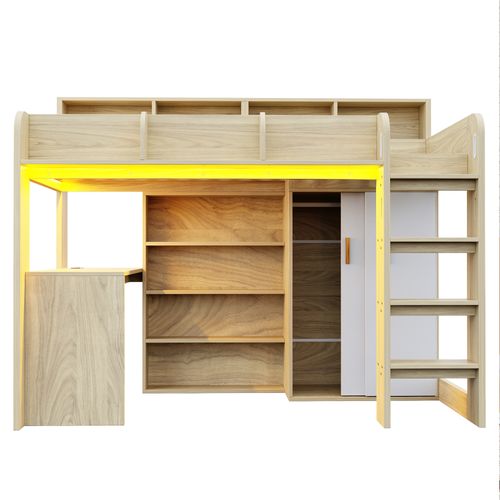 Lit Mezzanine 90 X 200 Cm Avec Bureaux, Étagères Et Armoires Imitation Chêne + Blanc