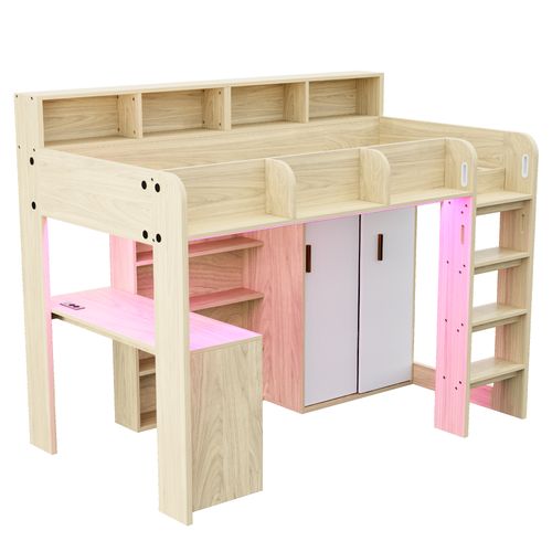 Lit Mezzanine 90 X 200 Cm Avec Bureaux, Étagères Et Armoires Imitation Chêne + Blanc