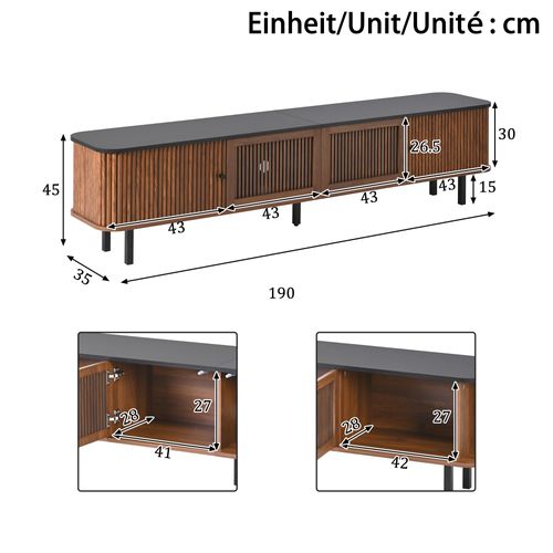 Meuble TV L.190cm Avec 4 Portes, Dont 2 Coulissantes Marron