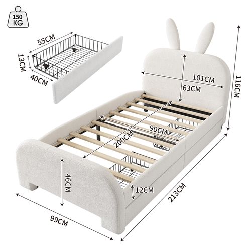 Lit Enfant 90x200cm Avec 2 Tiroirs Et Tête De Lit En Forme D'oreilles De Lapin Blanc