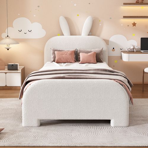 Lit Enfant 90x200cm Avec 2 Tiroirs Et Tête De Lit En Forme D'oreilles De Lapin Blanc