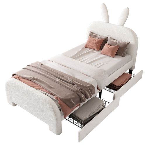 Lit Enfant 90x200cm Avec 2 Tiroirs Et Tête De Lit En Forme D'oreilles De Lapin Blanc