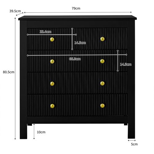 Commode Avec 5 Tiroirs Et Poignées En Métal, Noir