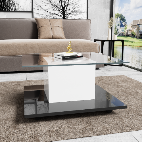 Table Basse Brillante Avec LED, Plateau En Verre Et Roues Pivotantes Amovibles