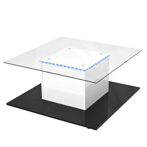 Table Basse Brillante Avec LED, Plateau En Verre Et Roues Pivotantes Amovibles