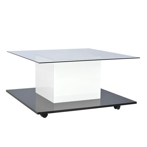 Table Basse Brillante Avec LED, Plateau En Verre Et Roues Pivotantes Amovibles
