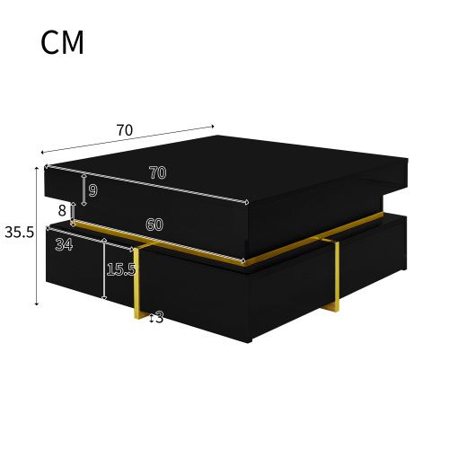 Table Basse Carrée Brillante Avec 2 Tiroirs Noir