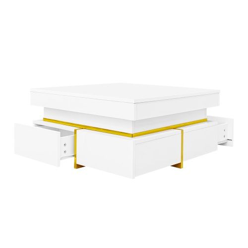 Table Basse Carrée Brillante Avec 2 Tiroirs Blanc