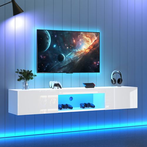 Meuble TV Brillant Avec LED, 2 Portes Et 1 Nich Blanc