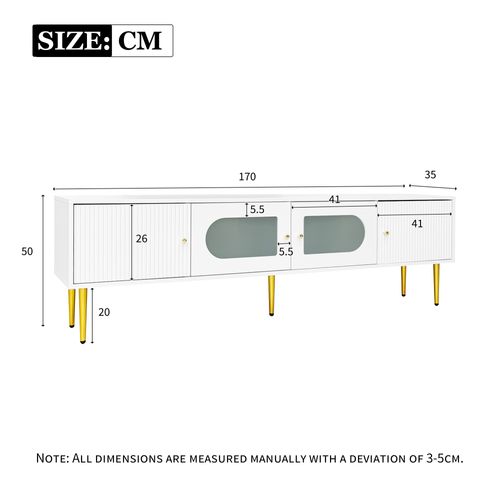 Meuble TV 170 X 35 X 50cm Avec 4 Portes Et Pieds En Métal Blanc