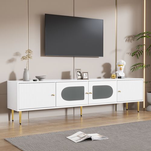 Meuble TV 170 X 35 X 50cm Avec 4 Portes Et Pieds En Métal Blanc