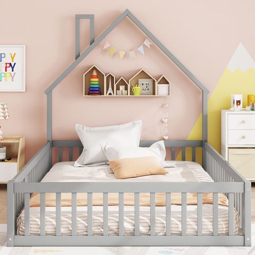Lit Enfant 140 X 200 Cm Avec clôture et portail Gris