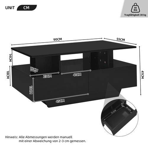 Table Basse Noir Avec 2 Tiroirs Et LED