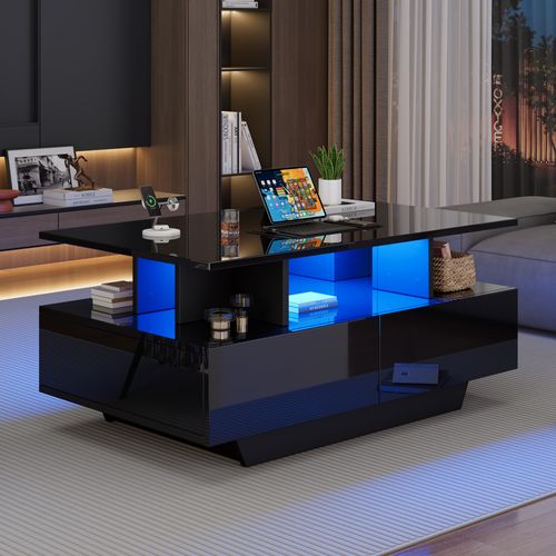 Table Basse Noir Avec 2 Tiroirs Et LED