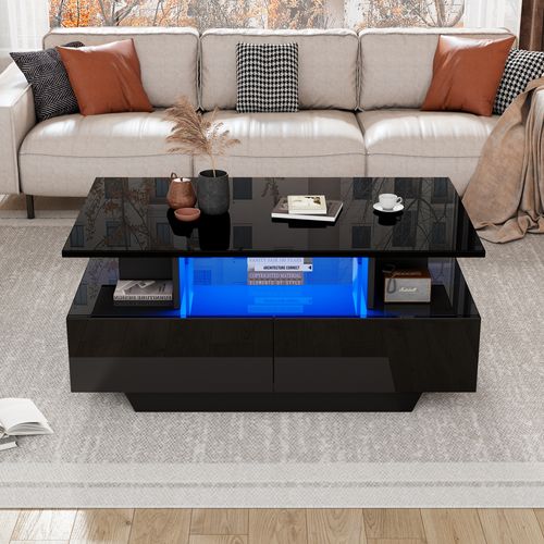 Table Basse Noir Avec 2 Tiroirs Et LED