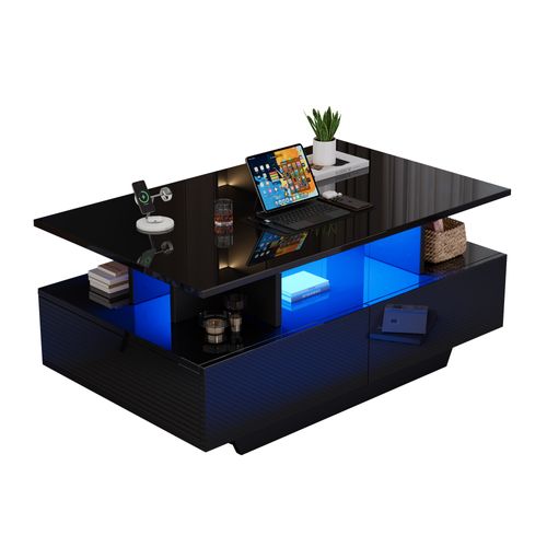 Table Basse Noir Avec 2 Tiroirs Et LED