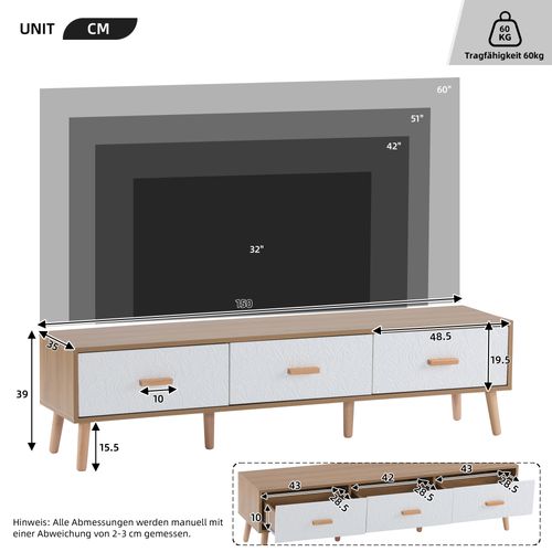 Meuble TV Avec 3 Tiroirs 150 X 35 X 39cm Blanc + Bois
