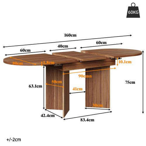 Table De Salle à Manger Extensible 120-160 X 80cm X 75 Cm Marron