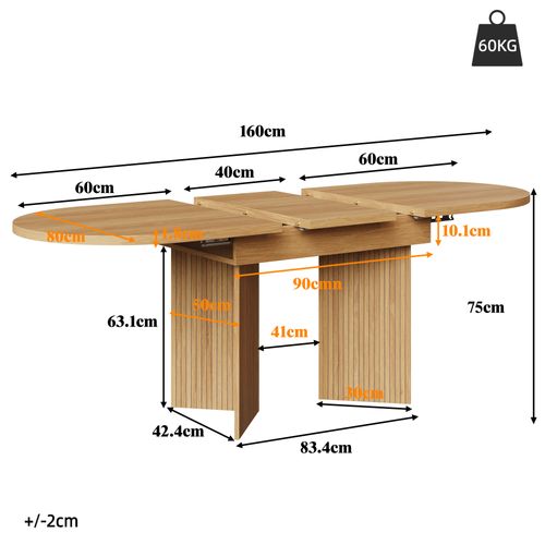 Table De Salle à Manger Extensible 120-160 X 80cm X 75 Cm Imitation Chêne