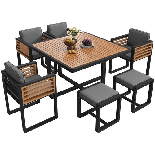 Salon De Jardin 6 Places Avec 1 Table, 2 Tabourets Et 4 Fauteuils Gris + Bois