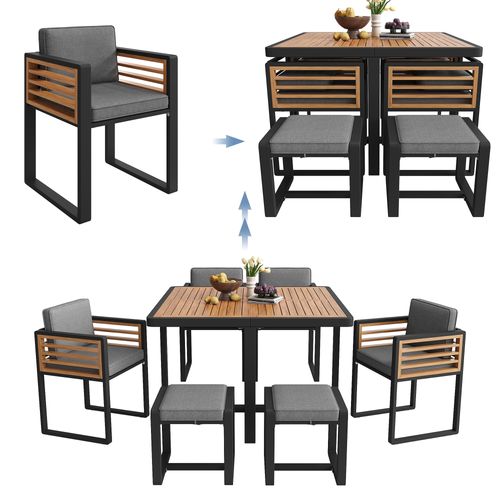 Salon De Jardin 6 Places Avec 1 Table, 2 Tabourets Et 4 Fauteuils Gris + Bois