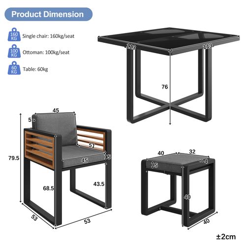 Ensemble table et chaise 6 Places Avec 1 Table, 2 Tabourets Et 4 Fauteuils Gris + Noir