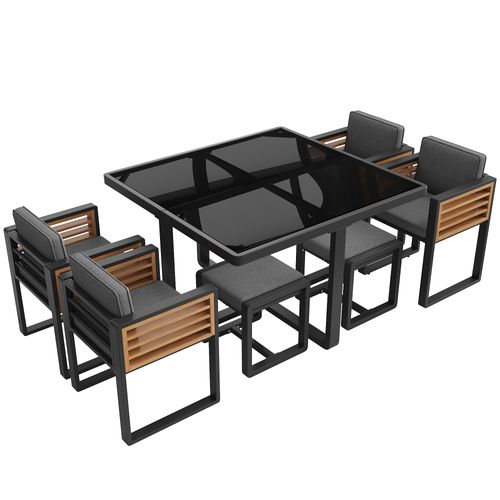 Ensemble table et chaise 6 Places Avec 1 Table, 2 Tabourets Et 4 Fauteuils Gris + Noir