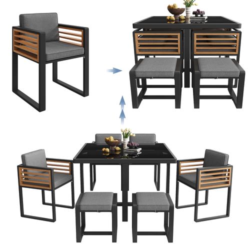 Ensemble table et chaise 6 Places Avec 1 Table, 2 Tabourets Et 4 Fauteuils Gris + Noir