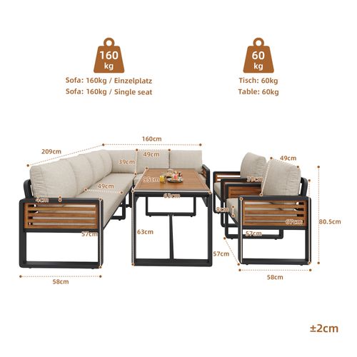 Salon De Jardin 8 Places Avec 1 Canapé D'angle, 1 Table, 2 Fauteuil Beige