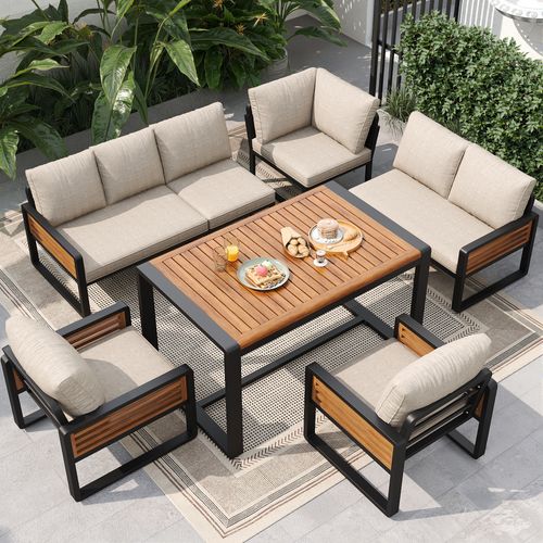 Salon De Jardin 8 Places Avec 1 Canapé D'angle, 1 Table, 2 Fauteuil Beige