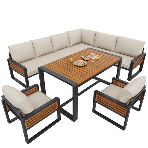 Salon De Jardin 8 Places Avec 1 Canapé D'angle, 1 Table, 2 Fauteuil Beige