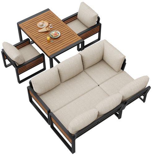 Salon De Jardin 8 Places Avec 1 Canapé D'angle, 1 Table, 2 Fauteuil Beige