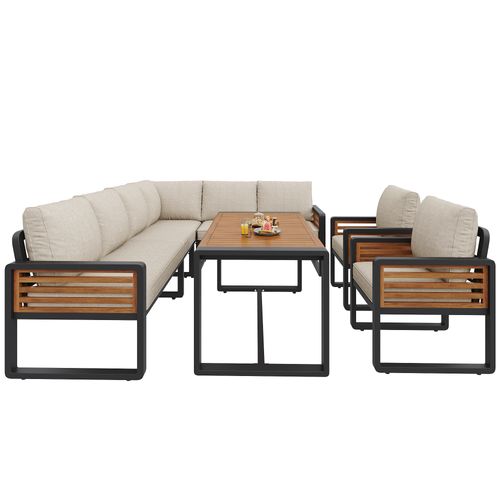 Salon De Jardin 8 Places Avec 1 Canapé D'angle, 1 Table, 2 Fauteuil Beige