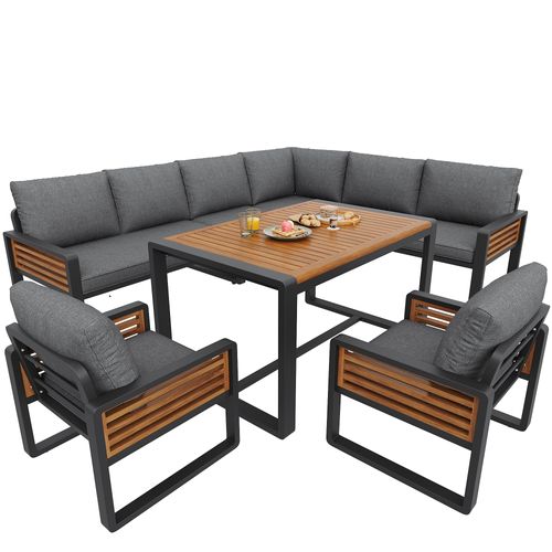 Salon De Jardin 8 Places Avec 1 Canapé D'angle, 1 Table, 2 Fauteuil Gris
