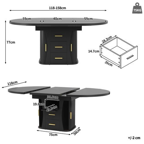 Table De Salle à Manger Extensible 118-158 Cm Avec 2 Tiroirs Et 2 Portes Coulissantes Noir