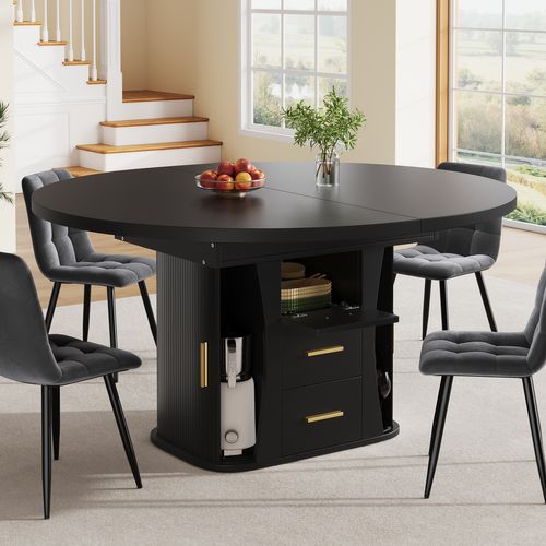 Table De Salle à Manger Extensible 118-158 Cm Avec 2 Tiroirs Et 2 Portes Coulissantes Noir