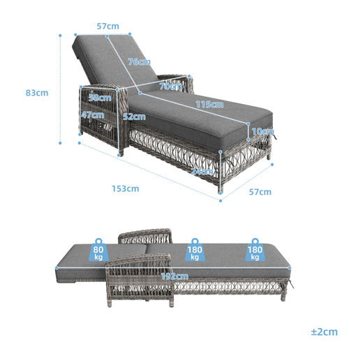Bain De Soleil Transat Chaise Longue Réglable Avec Coussin Amovible Gris