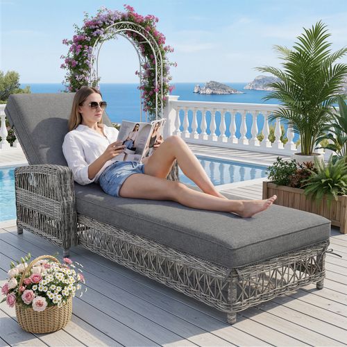 Bain De Soleil Transat Chaise Longue Réglable Avec Coussin Amovible Gris