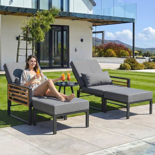 Bain De Soleil Transat 2-4 Personnes Avec Dossier Réglable Et 1 Table Basse Gris