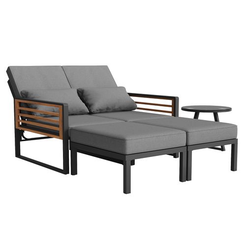 Bain De Soleil Transat 2-4 Personnes Avec Dossier Réglable Et 1 Table Basse Gris