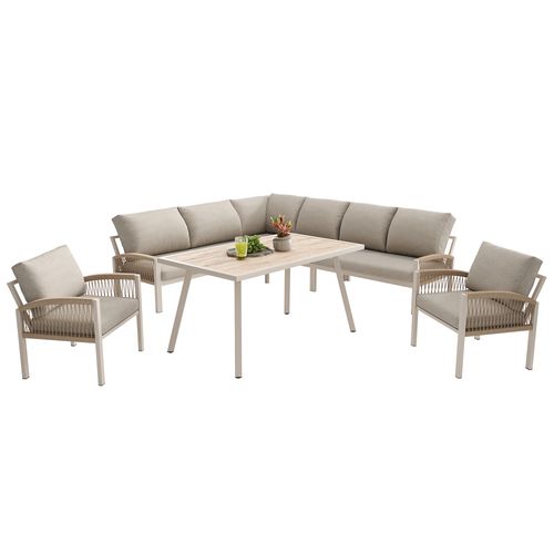 Salon De Jardin 8 Places Avec 1 Canapé D'angle, 1 Table Et 2 Fauteuils Beige