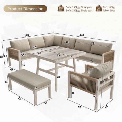 Salon De Jardin 8 Places Avec 1 Canapé D'angle, 1 Table,1 Banc Et 1 Fauteuil Beige