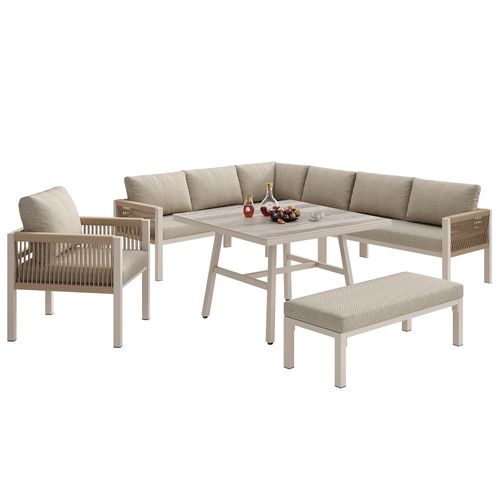 Salon De Jardin 8 Places Avec 1 Canapé D'angle, 1 Table,1 Banc Et 1 Fauteuil Beige