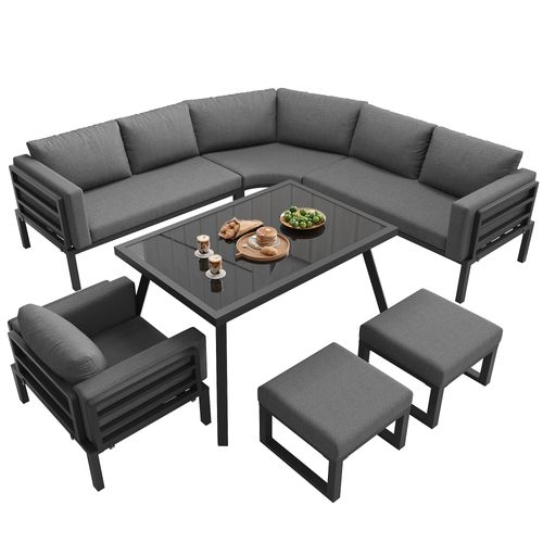 Salon De Jardin 8 Places Avec 1 Canapé D'angle, 1 Table, 2 Tabourets Et 1 Fauteuil Gris