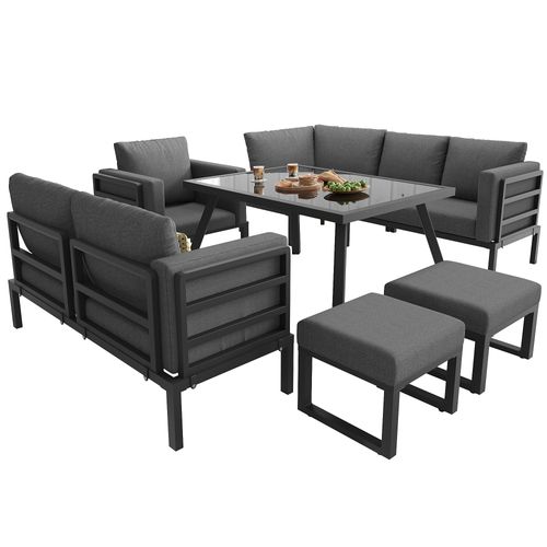 Salon De Jardin 8 Places Avec 1 Canapé D'angle, 1 Table, 2 Tabourets Et 1 Fauteuil Gris