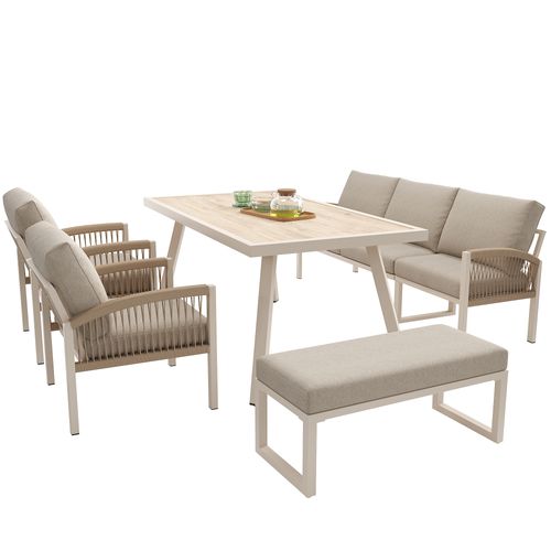 Salon De Jardin 6 Places Avec 1 Canapé, 1 Table,1 Banc Et 2 Fauteuils Beige