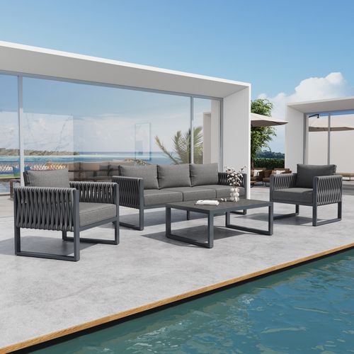 Salon De Jardin 5 Places Avec 1 Canapé, 1 Table Basse Et 2 Fauteuils Gris