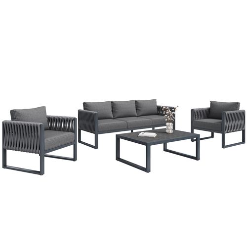 Salon De Jardin 5 Places Avec 1 Canapé, 1 Table Basse Et 2 Fauteuils Gris