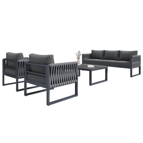 Salon De Jardin 5 Places Avec 1 Canapé, 1 Table Basse Et 2 Fauteuils Gris